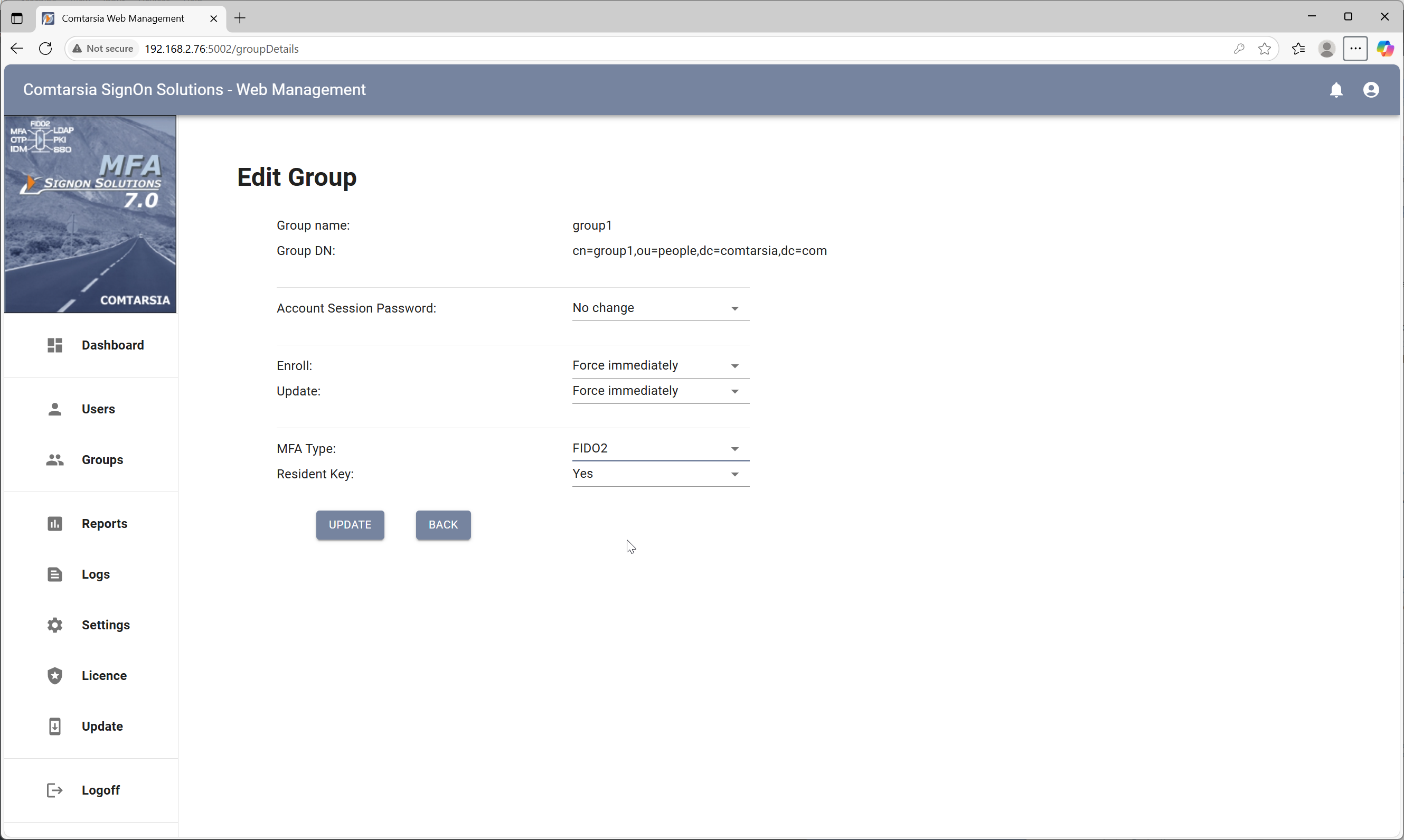Comtarsia User Management Console for MFA Policies