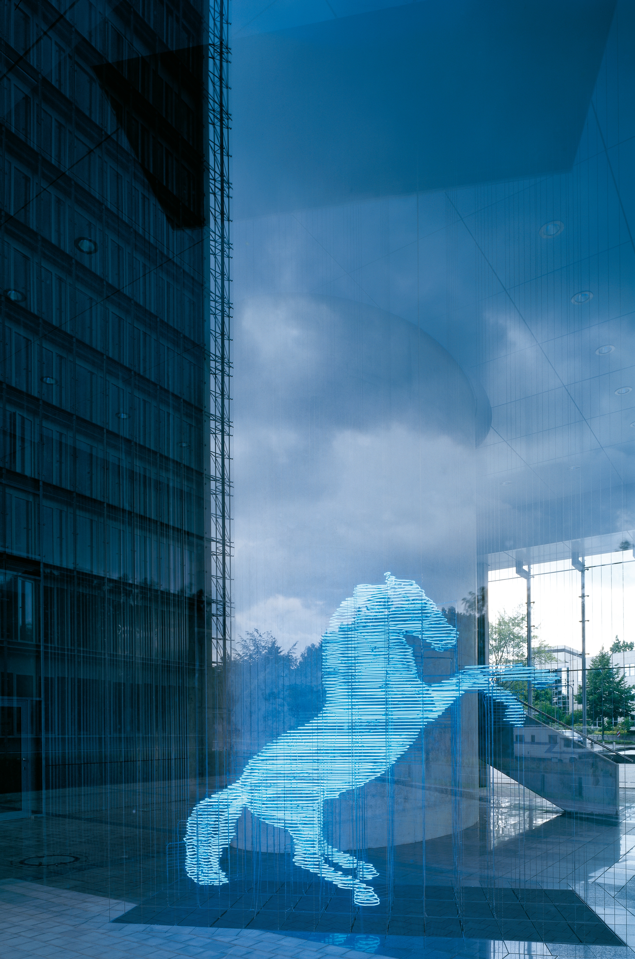 A horse hologram, part of the LVM brand identity, in the LVM building.