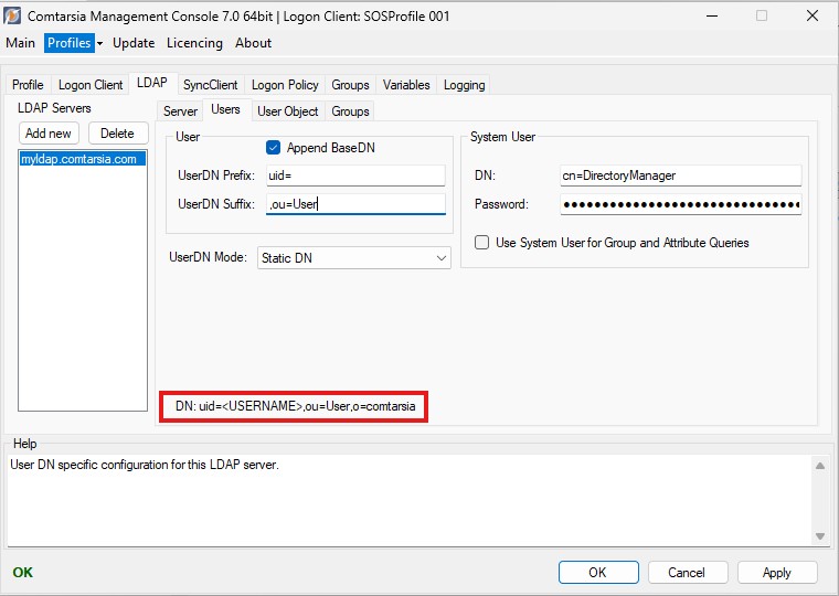 LDAP Server Users configuratione